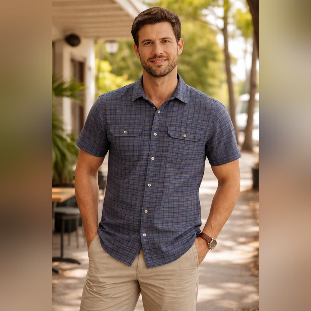 Prana Men's Navy and Gray Plaid Short-Sleeve Button-Down Shirt